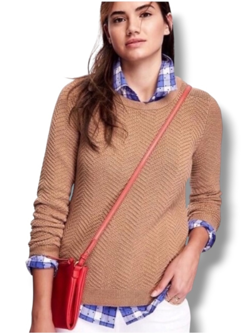 Old Navy Women’s Tan Camel Chevron Knit Crewneck Sweater